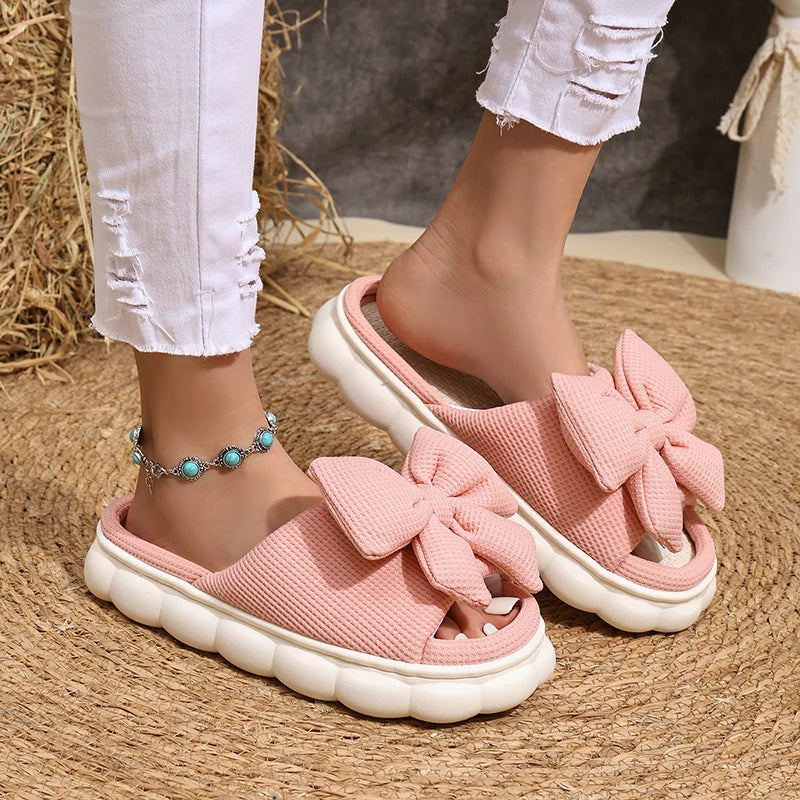Leinen Casual Platform Hausschuhe 2025 - Frauen Haus Schleife Designer Schuhe - Damen Flats Elegant Heim Mode Lieblich Große Größe
