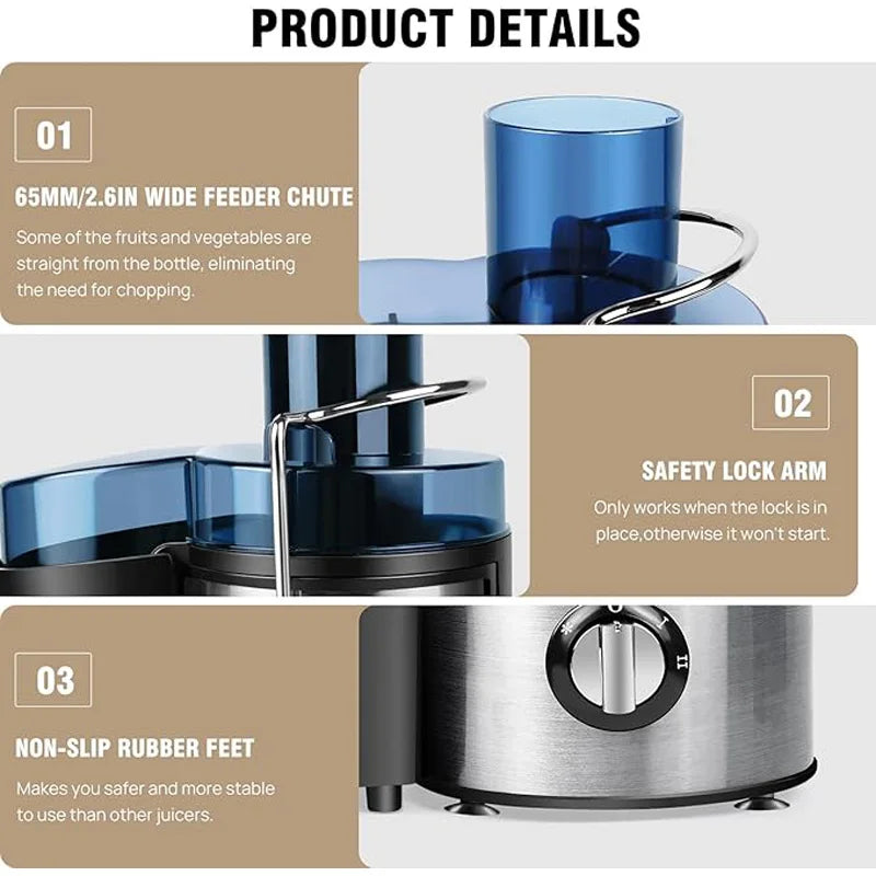 900W Zentrifugal-Saftor - Für ganze Früchte und Gemüse, 65mm breite Öffnung, 2 Geschwindigkeiten, 500ml Kapazität