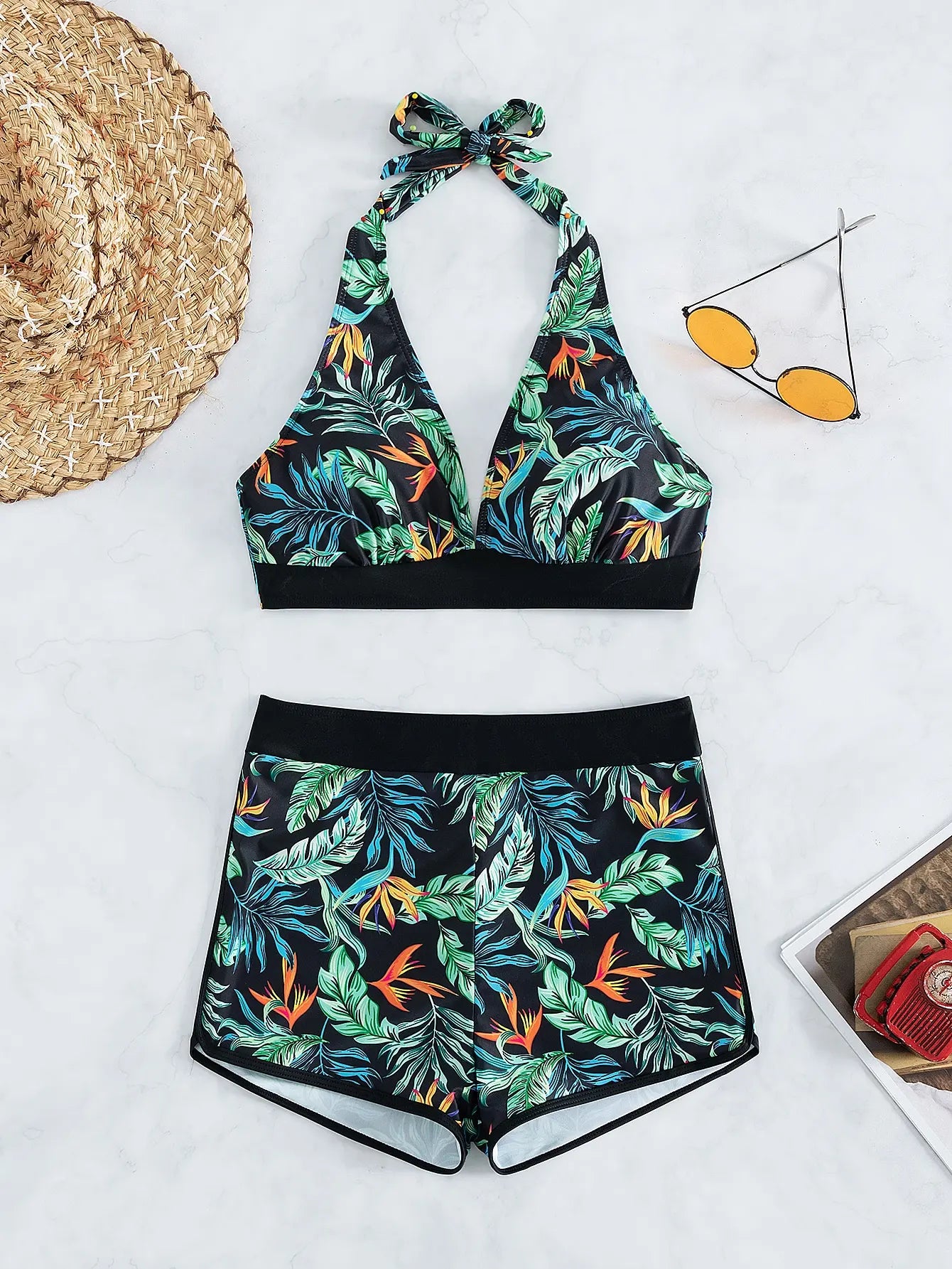 Halter Bikini Set: High Waist Design Wire-Free Support Spandex Polyester - Kurzer Schwimmanzug Frauen Bedruckte Bademode Polsterung Strandmode
