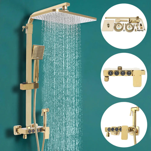 Wandmontiertes Duschset, goldenes Duschsystem-Set, Duscharmaturen, Duscharmatur-Set, Mixer für heißes und kaltes Wasser mit 4 Wassermodi