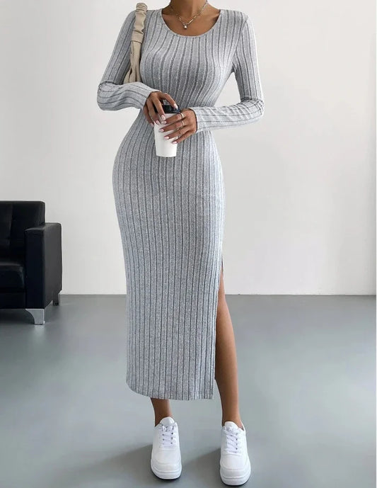 Damen Kleid 2025 - Casual Elegant Women Dresses Autumn Winter Long Sleeve Round Neck Split