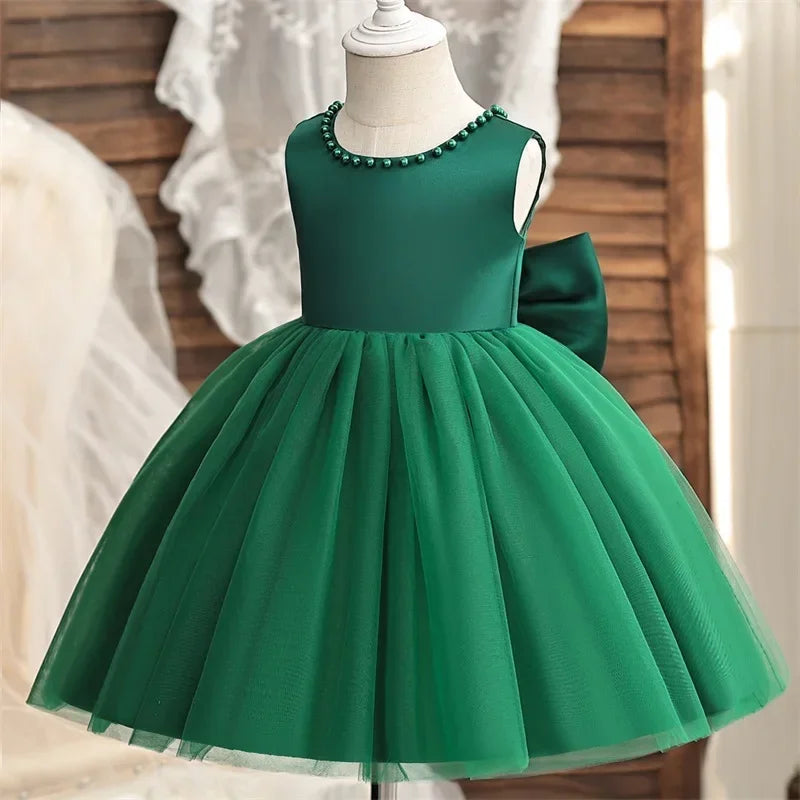 Baby Mädchen Kleid Große Schleife Perlen Rückenfrei 1. Geburtstag Party Kleid Säugling Mädchen Prinzessin Hochzeit Tüll Kleid Taufe Kleid 1-5J