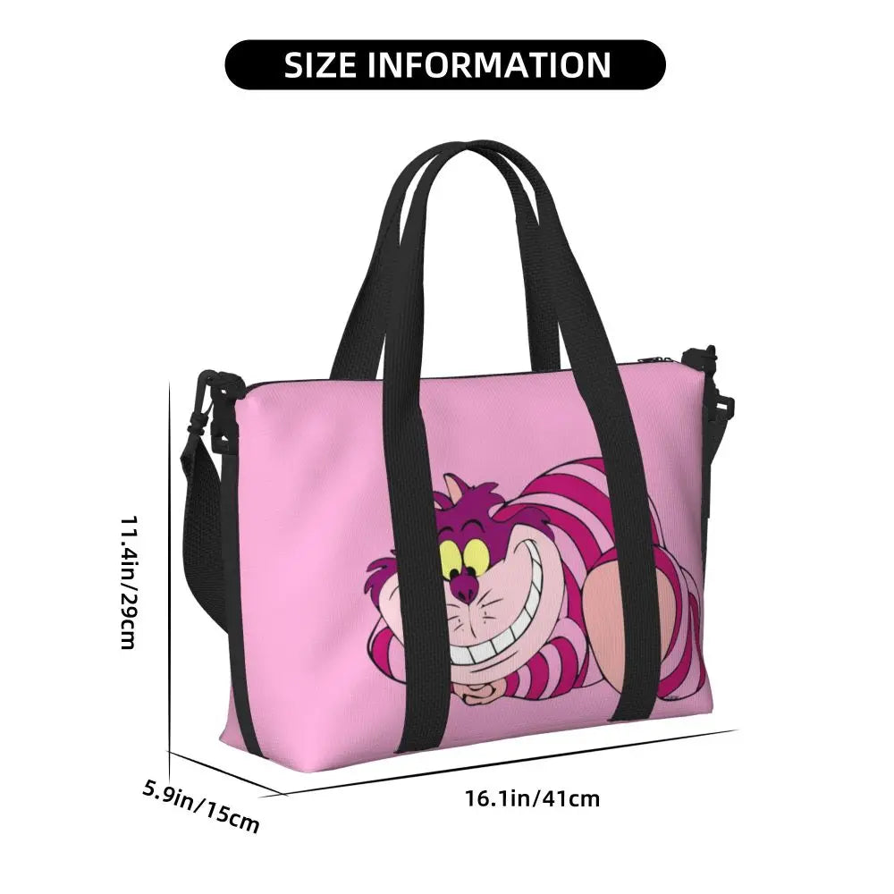 Custom Cheshire Cat Beach Tote Bag for Women We're All Mad Here Cat Big Compartment Gym Beach Travel Bags