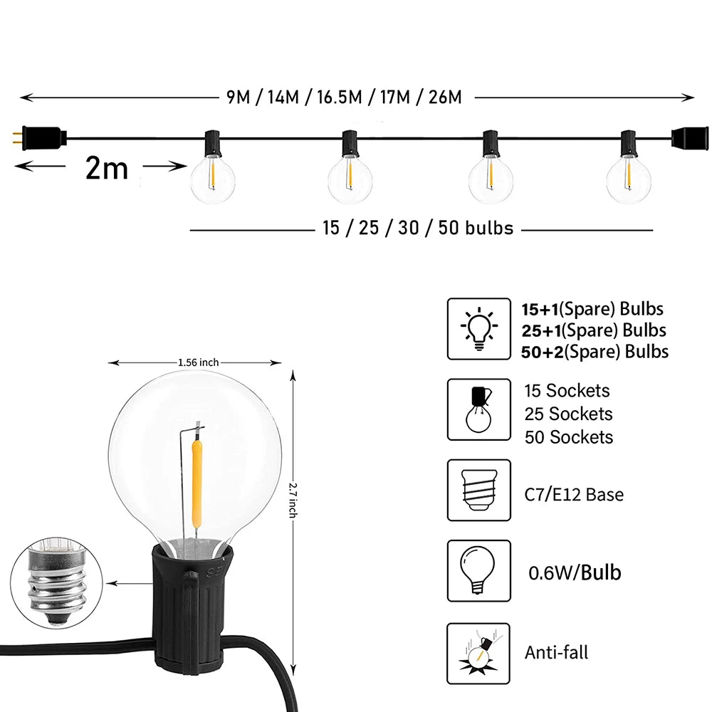 Festoon LED Lichterkette - Globe String Light G40 Outdoor Weihnachten Party Garten Deko Girlande Terrasse