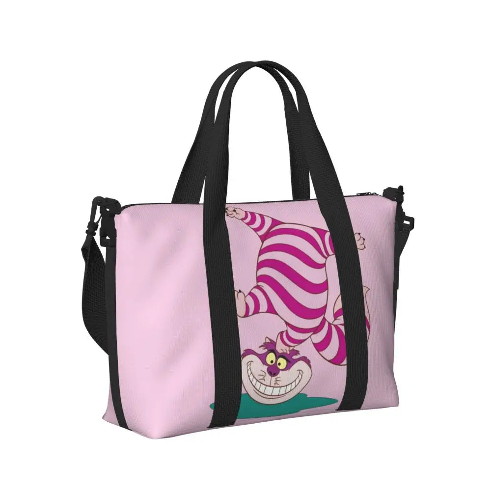 Custom Cheshire Cat Beach Tote Bag for Women We're All Mad Here Cat Big Compartment Gym Beach Travel Bags