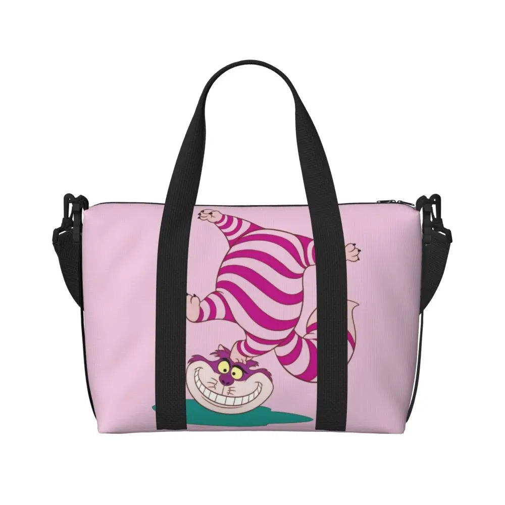 Custom Cheshire Cat Beach Tote Bag for Women We're All Mad Here Cat Big Compartment Gym Beach Travel Bags