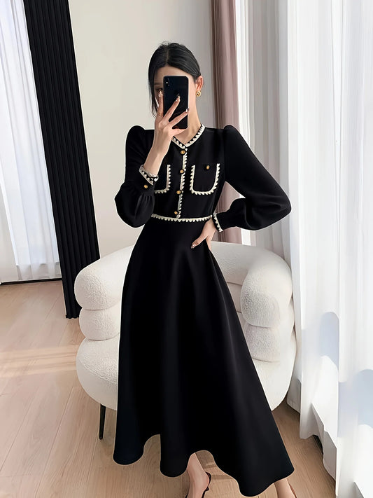 [Elegant V Neck Dress] Elegant V Neck A-line Contrast Trim Cuff Sleeve Button Dress - Women's Clothing for Spring & Fall