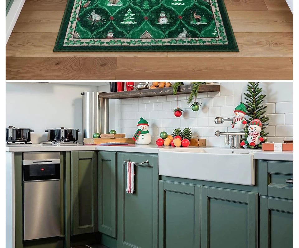Runner Rug Corridor Non-slip Machine Washable Easy To Fold Floor Mat Green Plaid Snowman Rugs Christmas Gift Home Decoration Mat