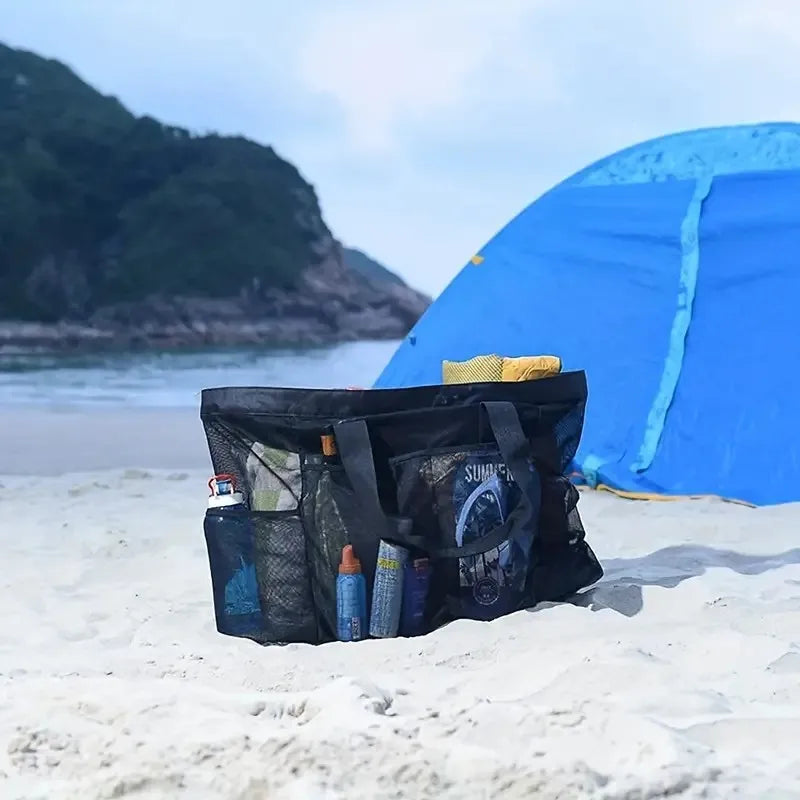 Extra Large Beach Bag - Lightweight, waterproof, foldable, with mesh straps, zippered pockets and fixed shoulder straps