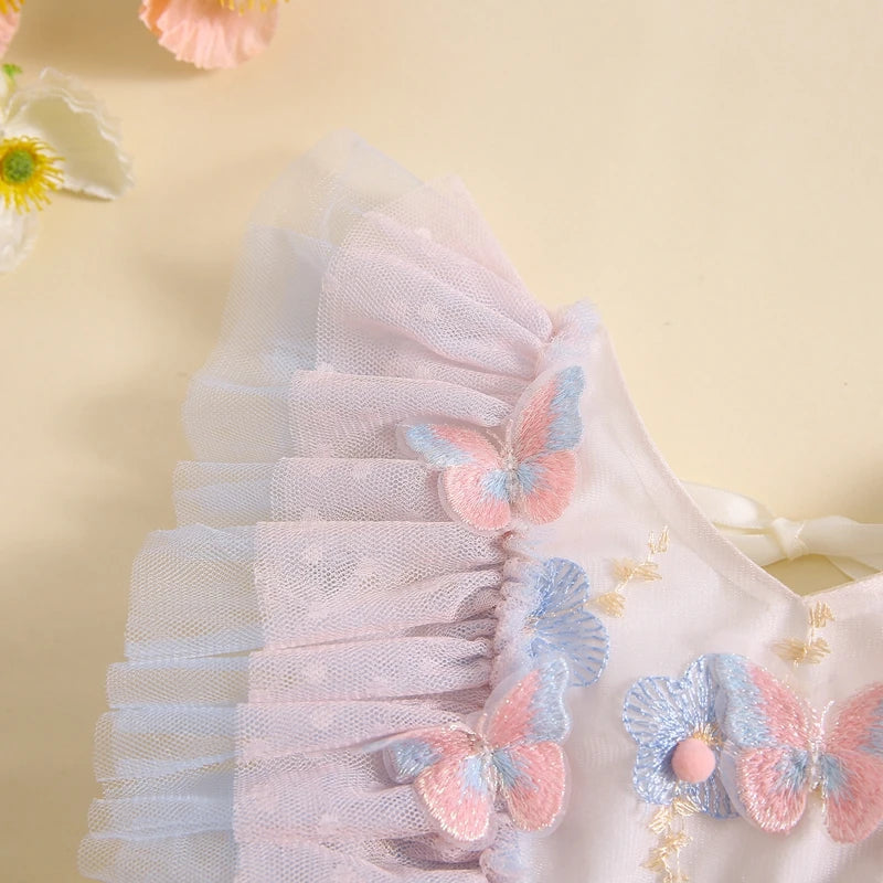 Toddler Kid Girls Dress Children Flower Butterfly Embroidery Fly Sleeve V-Neck Dress Summer Fashion Casual Princess Dress