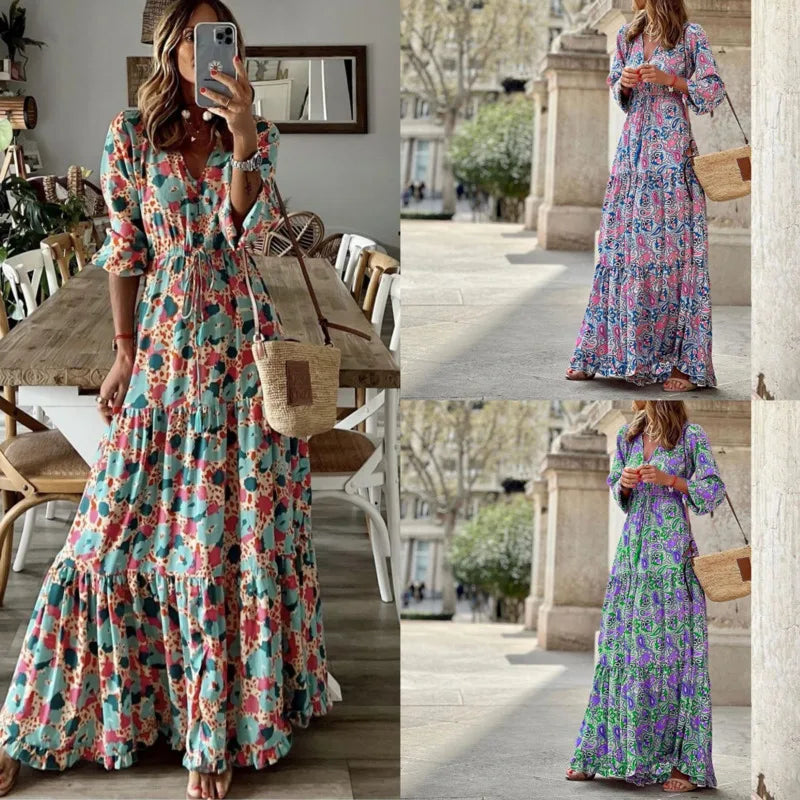 Elegant Women's Flower Long Dresses 2025 Spring New Bohemian Printed Dress Abıye Kadın Abiye Платье Robe Ete Femme Vestidos