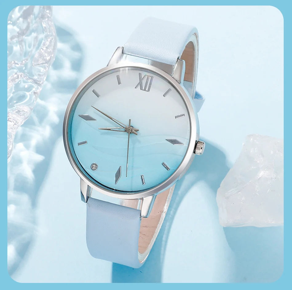 Moda 6er Set Quarz Uhr Damen - Blau Strass Leder 18mm