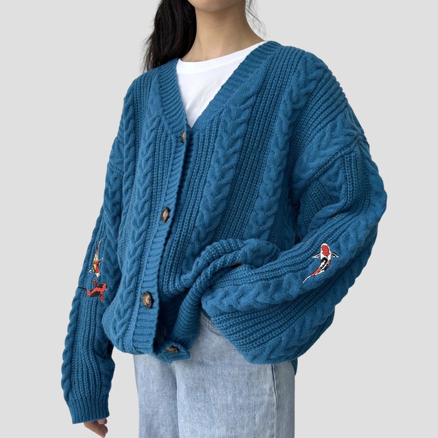 Koi Strickjacke Vintage Stickerei - Damen S-L, Türkis