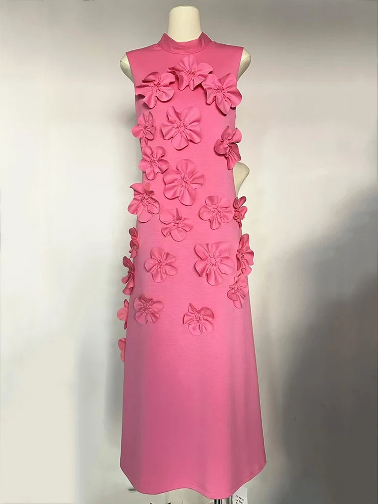 EWQ  Elegant Female Evening Dress 3D Floral Design Stand Collar Sleeveless Temperament Women Slim Dresses 2025 Spring Red Robe