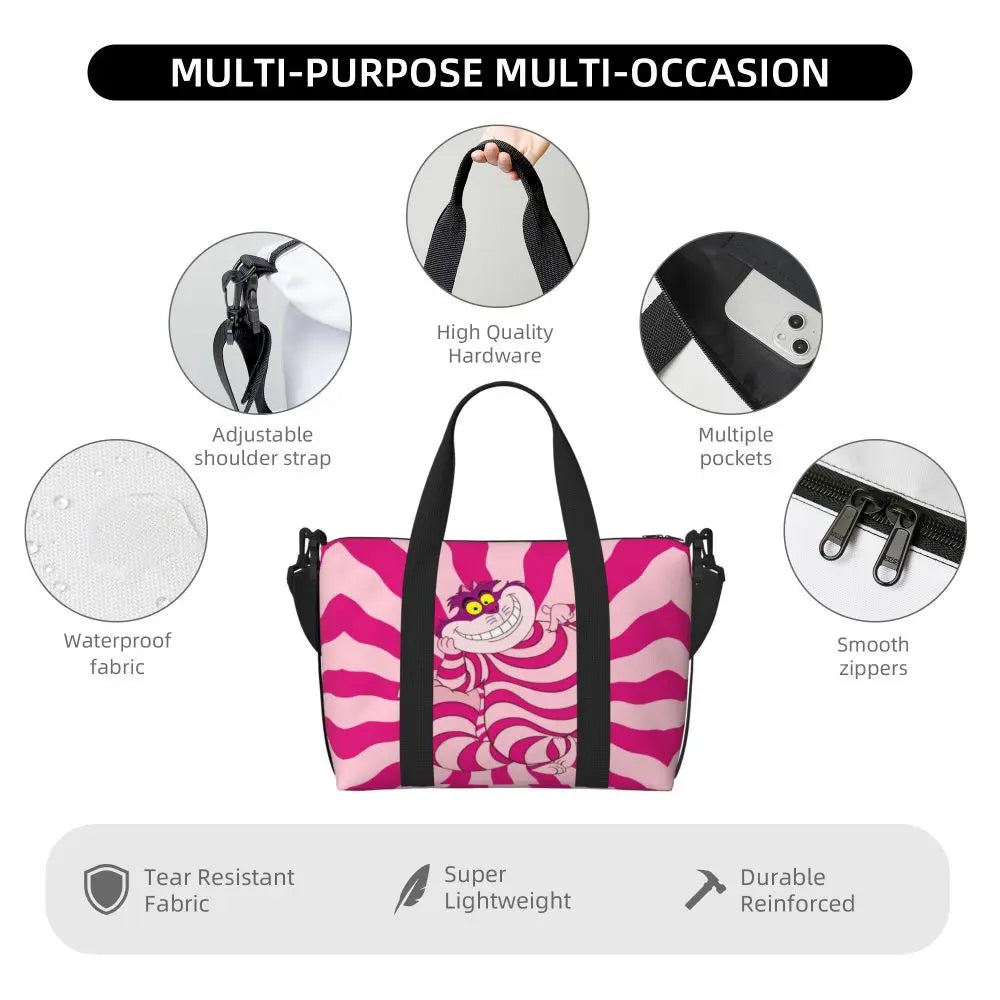Custom Cheshire Cat Beach Tote Bag for Women We're All Mad Here Cat Big Compartment Gym Beach Travel Bags