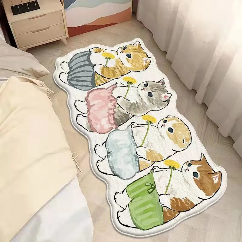 Anti-Slip Bedroom Bedside Mat Lovely Cat Carpet Soft Home Floor Mats Cute Cartoon Long Rug Decor Doormat