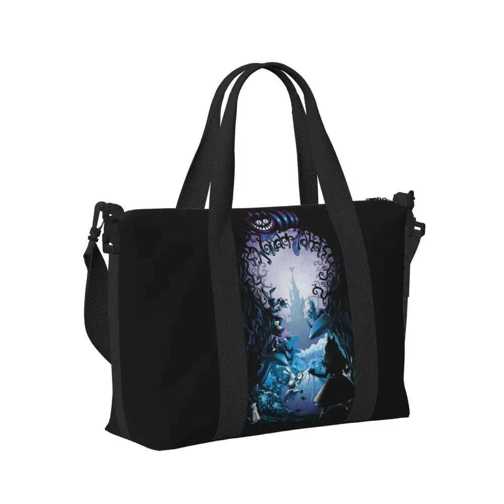 Custom Cheshire Cat Beach Tote Bag for Women We're All Mad Here Cat Big Compartment Gym Beach Travel Bags