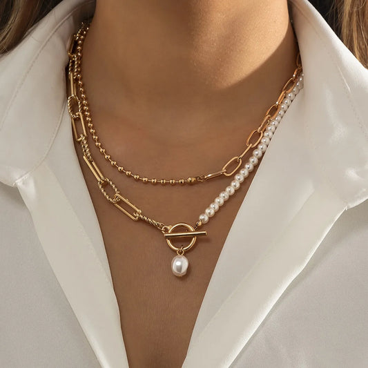Personality Fashion Pearl Pendant Long Chain Necklace Pop Couple Punk Ring Design Temperament Holiday Party Gift Accessories