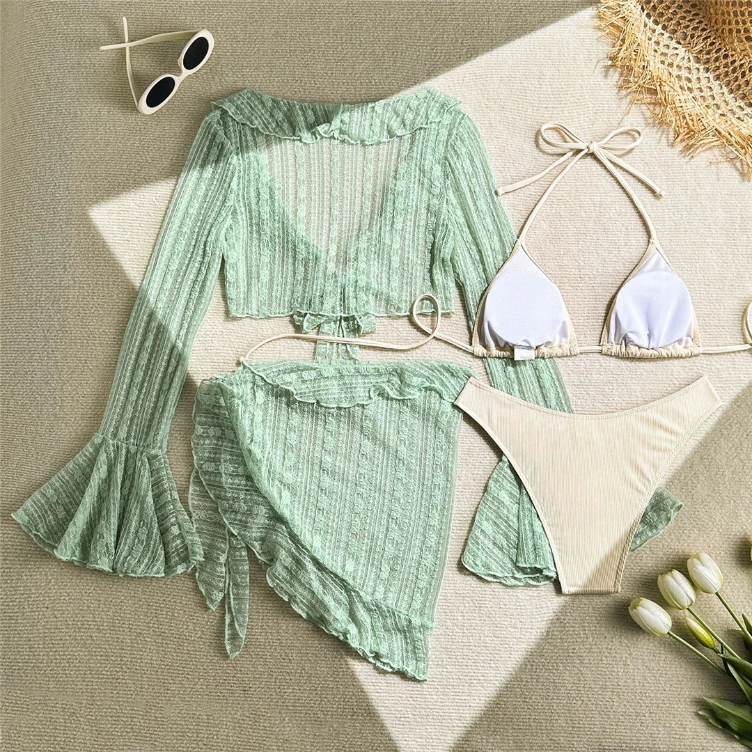 4PCS Halter Bikini Set Sarong Langarm - Vierteilig S M L