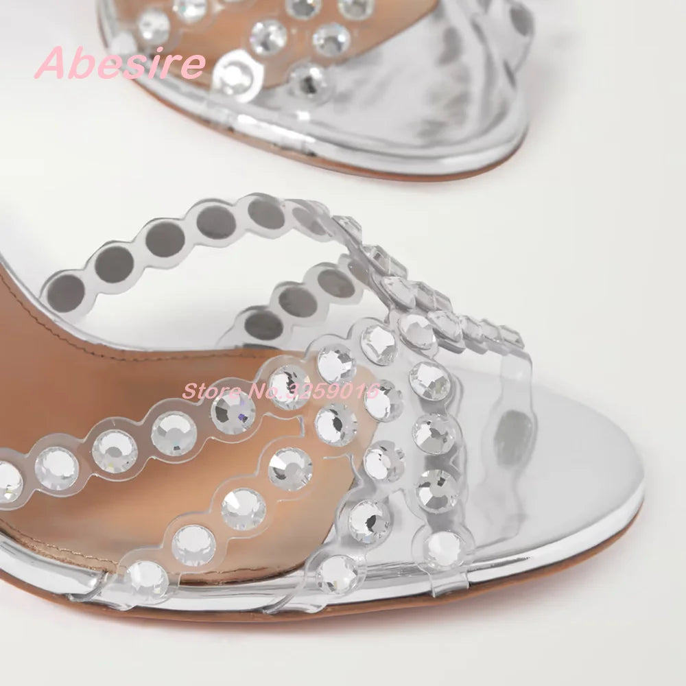 Crystal-Embellished Pvc Sandals Suede Rhinestones Stiletto Heels Women's Sandals Buckle Strap Slingback Elegant Party Shoes Sexy