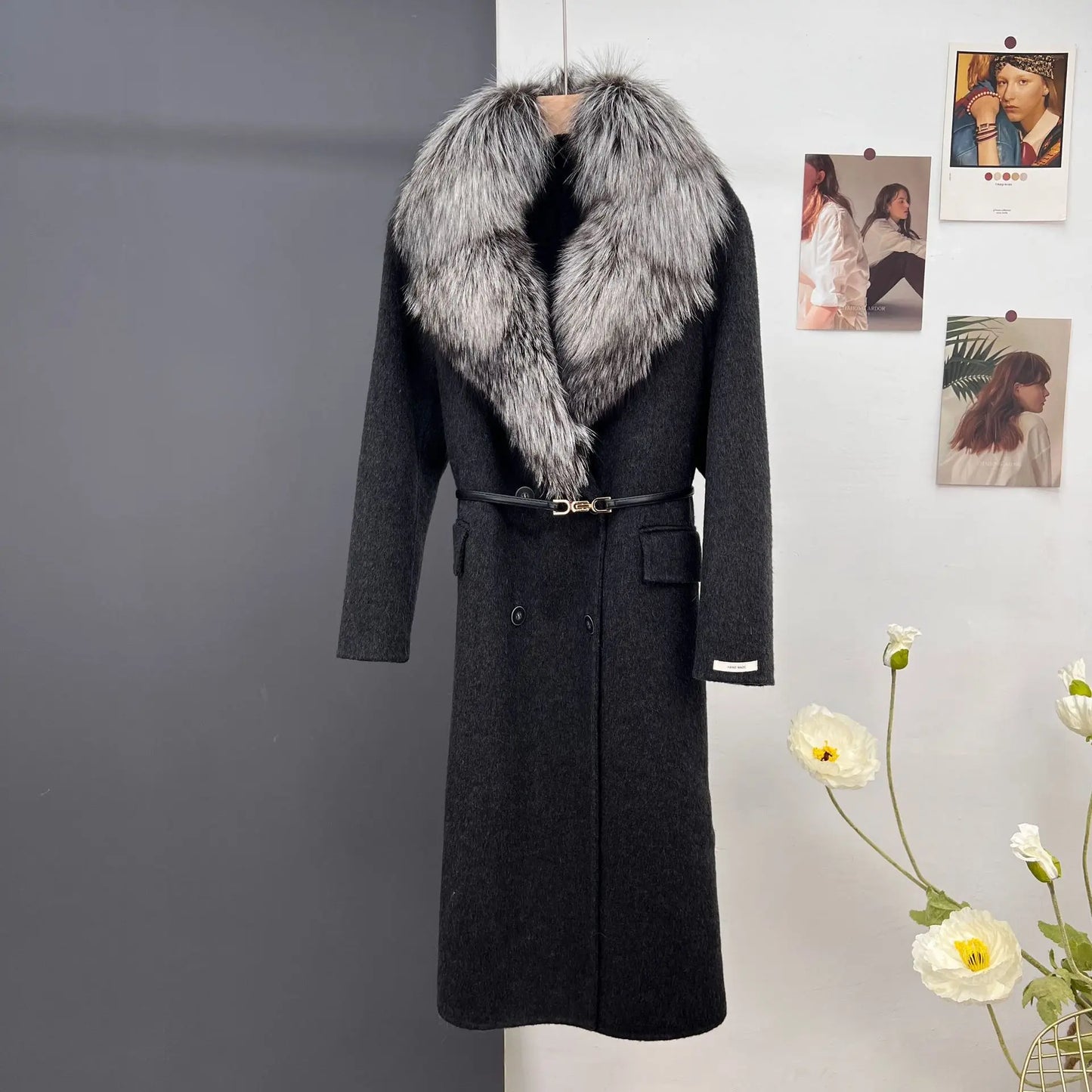 women's luxury wool coat  long patchwork design with detachable fox fur