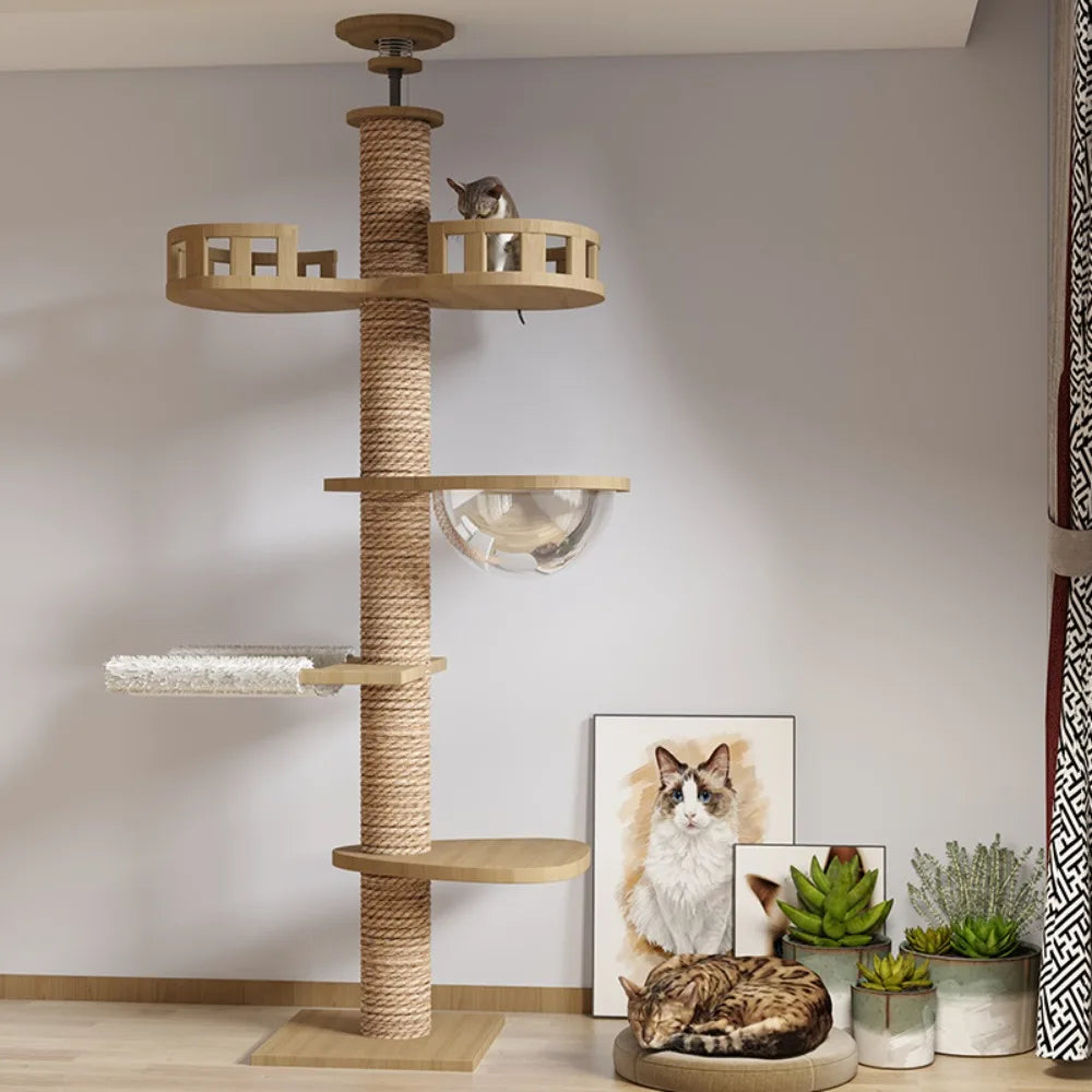 Cat Tower Cat Tree  Adjustable Multi-Function Floor To Ceiling Wooden House Tower For Large Cats With Large Cat Accessories