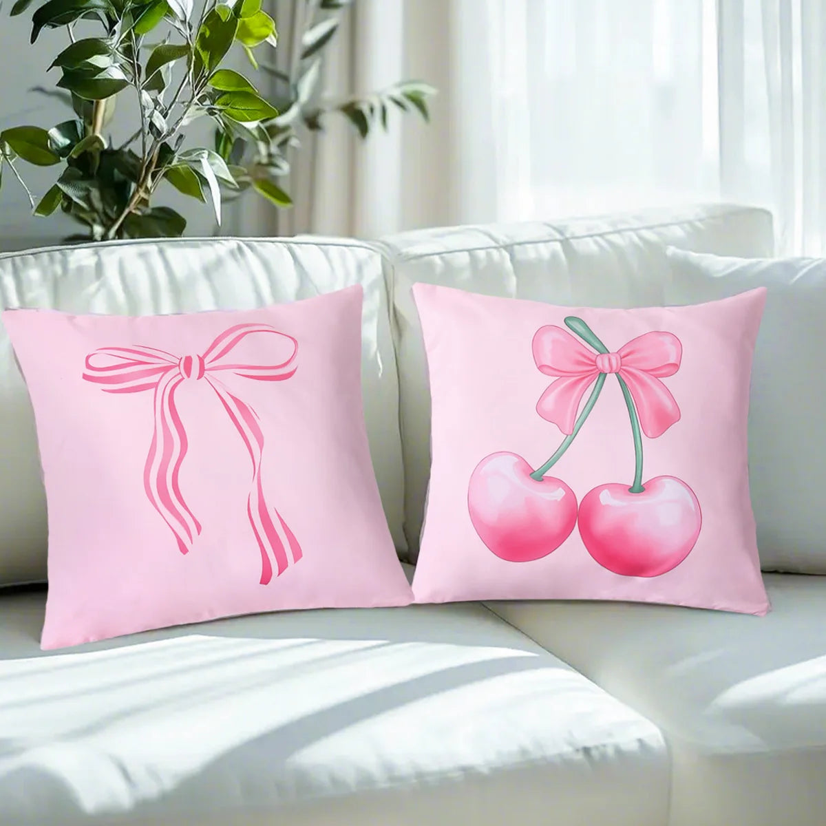 4pcs Pink Bow Cherry Pattern Printed Pillowcase Birthday Cushion Cover Sofa Cushion Cover Pink Bow Party Decoration Supplies