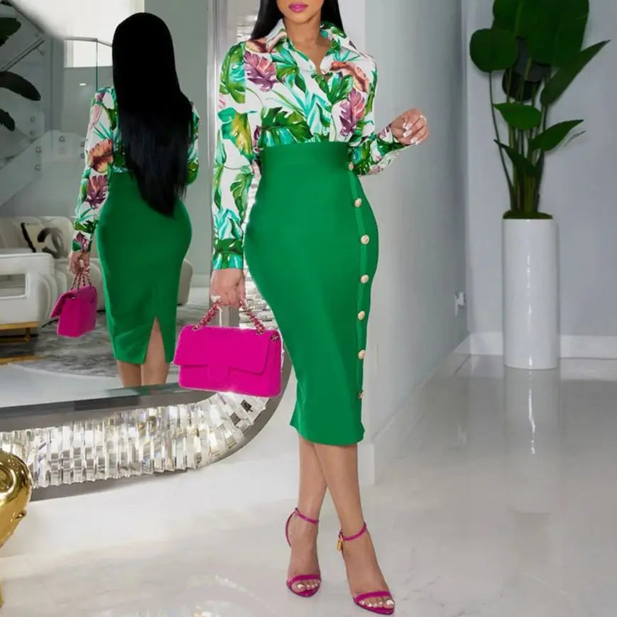 Elegant 2 Piece Set Women OL Outfits Fashion Business Long Sleeve Print Blouse Shirt High Waist Bodycon Skirt Sexy Office Work