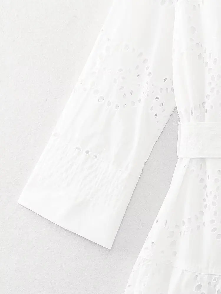 Elegant Embroidered White Dress Women Chic Lapel Long Sleeve High Waist Lace Up Maxi Dresses Fashion Female Hollow Out Vestidos