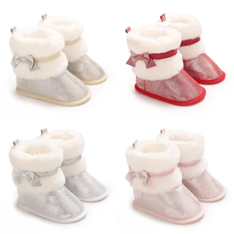 Baby-Schneestiefel für Mädchen, 2025, Winter, neue Baby-Baumwollschuhe, Mädchenmode, glänzende kurze Stiefel mit dicken Samt-Baumwollstiefeln