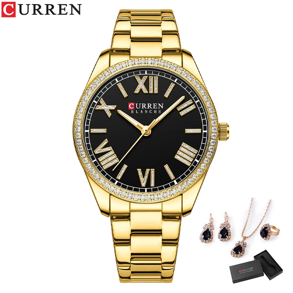 CURREN Luxus Uhr Damen Ring Halskette Ohrringe - Strass Mode Armbanduhr Weiblich Casual Damen Uhren Armband 5-teiliges Set