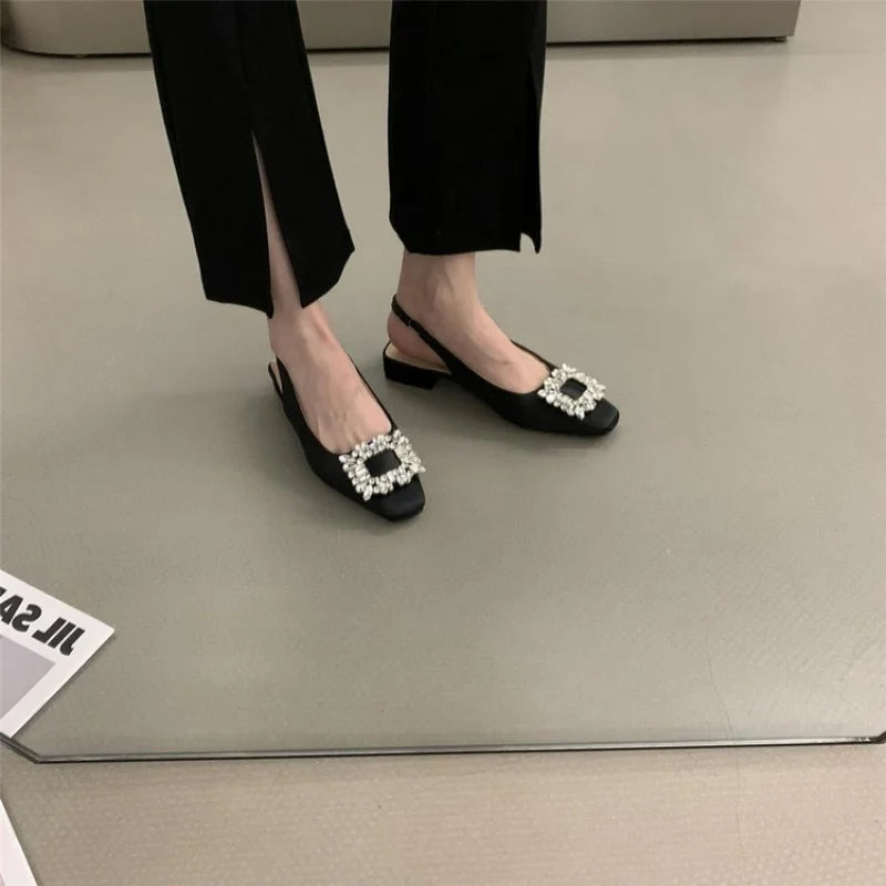 Fashion Women's Sandals Summer New Slingback Slippers Female Low Heel Rhinestone Buckle Back Strap Sexy Pumps Sandalias De Mujer