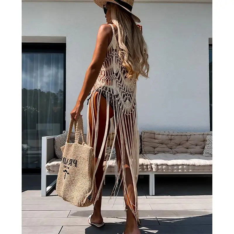 Strand Cover Ups: Hand Hook Hollow Out Spandex Polyester - Elegant Sonnenschutz Shirt Lange Quasten Beach Style Gestrickt