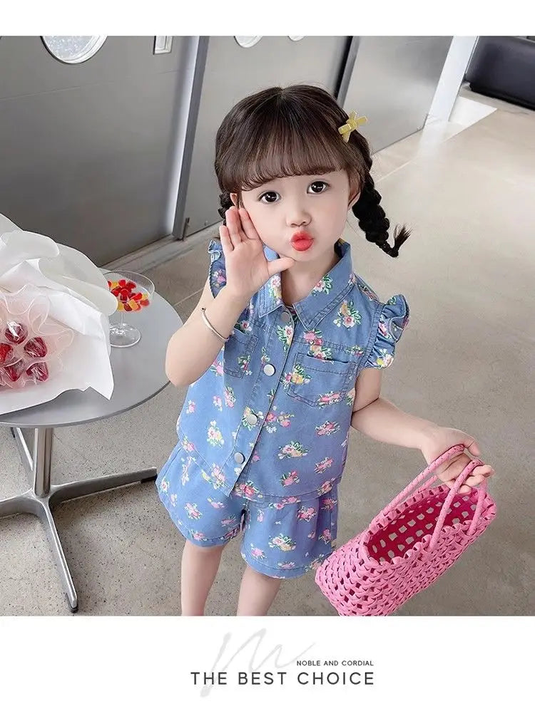Children's Clothing Sets Floral Print Lace Sleeveless Top + Shorts 2pcs Sets  Baby Girl Outfit Set Kids Clothes for Girls
