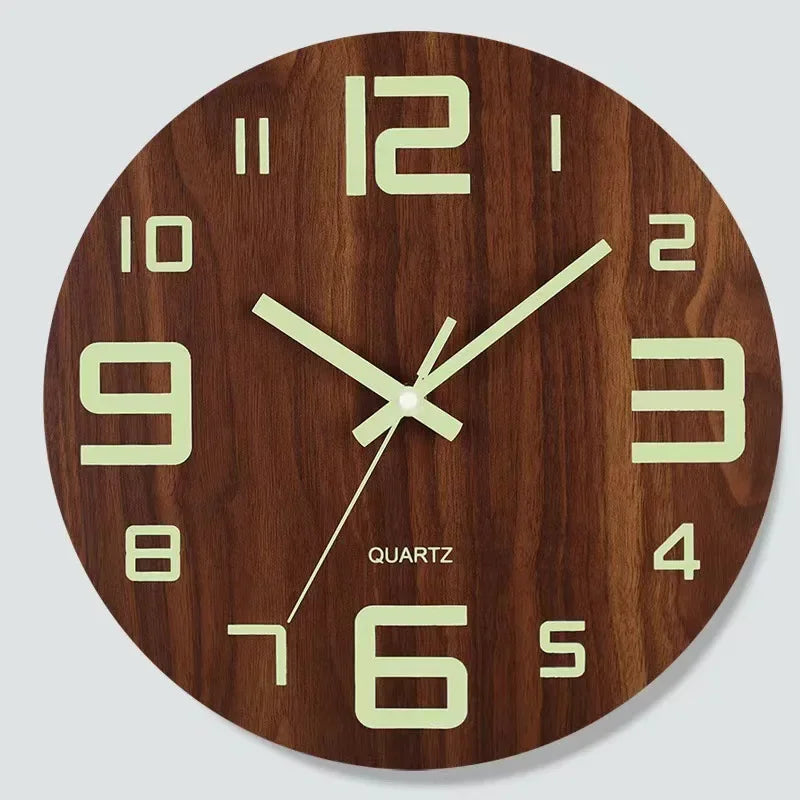 Nordic 12 Inch Luminous Wall Clock Wood Silent Light in Dark Night Fashion Wall Clock Non Ticking Clock with Night Light