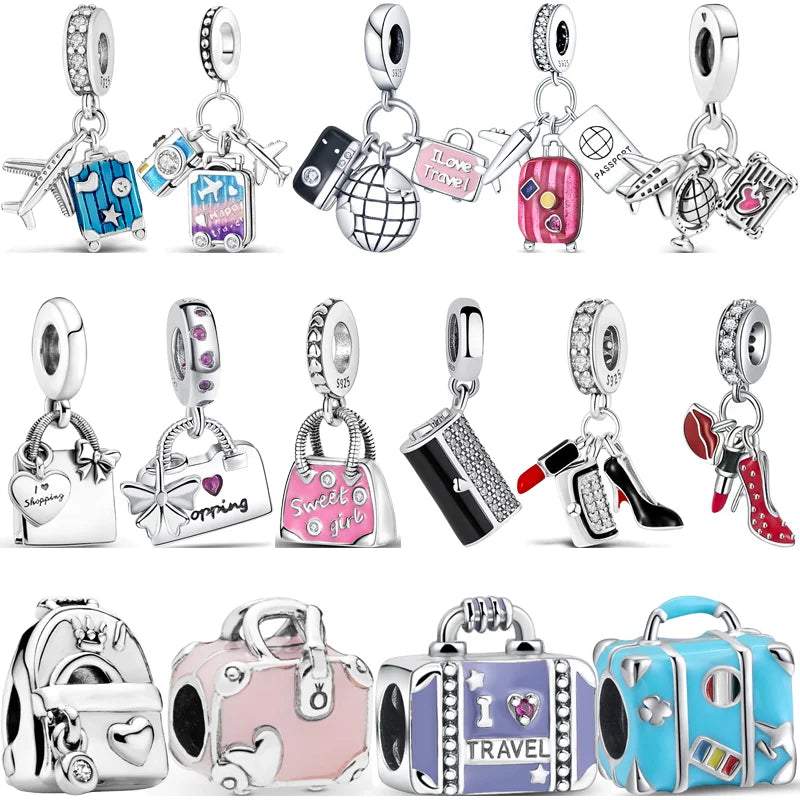 925 Silber Einkaufstasche Koffer Reisepass Handtasche Kamera Liebe Reise Leben DIY Perlen für Original Pantaro Charms Armband Schmuck