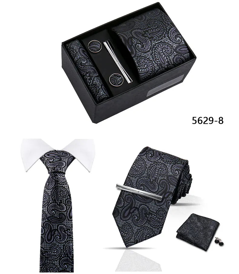 Elegant Men's Suit Necktie Gift Box Set Floral Tie Handchief Cufflinks Tie Clip 4-Piece Business Wedding Party Suit Accessories