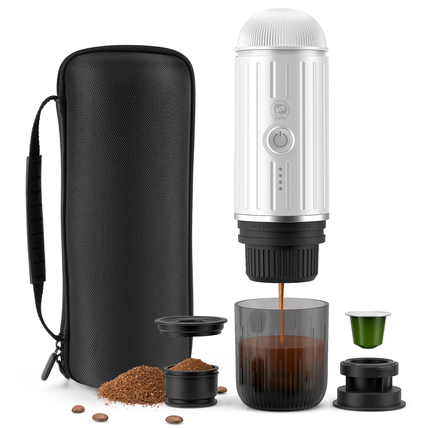 icafilas Portable Kaffeemaschine - Heizbar für Kapseln & Pulver, Travel Espresso Maker mit Tasche