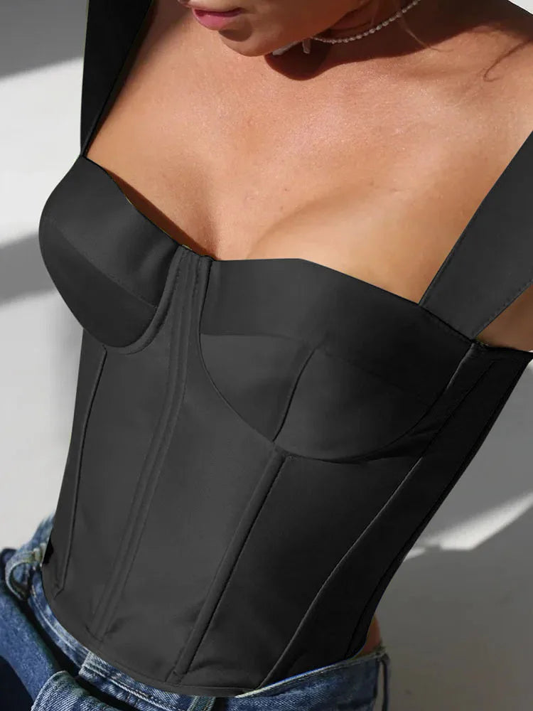 Women's Tanks Top Sexy Fishbone Suspender with Square Collar Navel Exposed Back Exposed Zippered Vest Top for Women