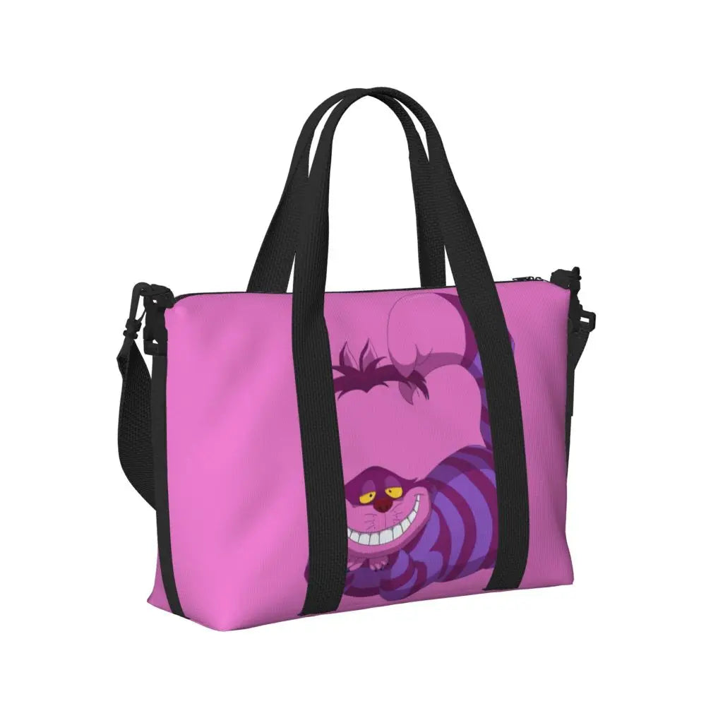 Custom Cheshire Cat Beach Tote Bag for Women We're All Mad Here Cat Big Compartment Gym Beach Travel Bags