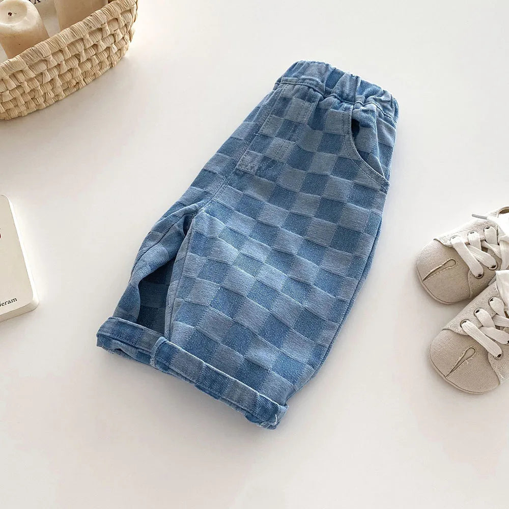 Children's Jeans 1-5Y New 2024 Autumn Boys Plaid Denim Pants Loose Style Mid Waist Girls Checkerboard Trousers
