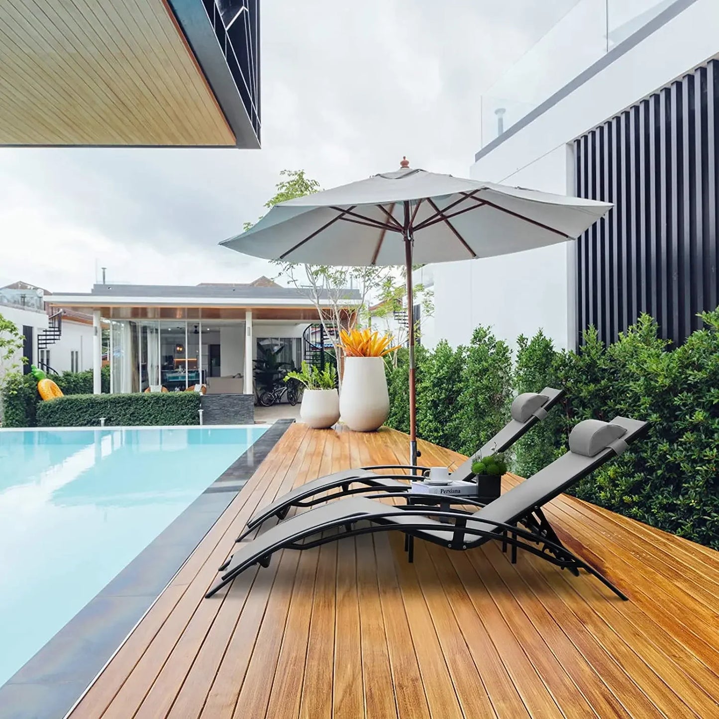 Aluminum Lounge Chair for Outside with 5 Adjustable Positions+Table 3Pcs Chaise Outdoor for Pool, Garden,Beach,Camping,Backyard