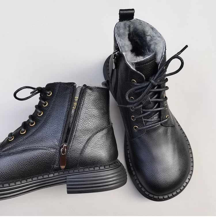 Ghete la gleznă Careaymade, piele naturală, variantă lată - mărime mare, înălțime toc 3-5 cm, căptușeală din lână