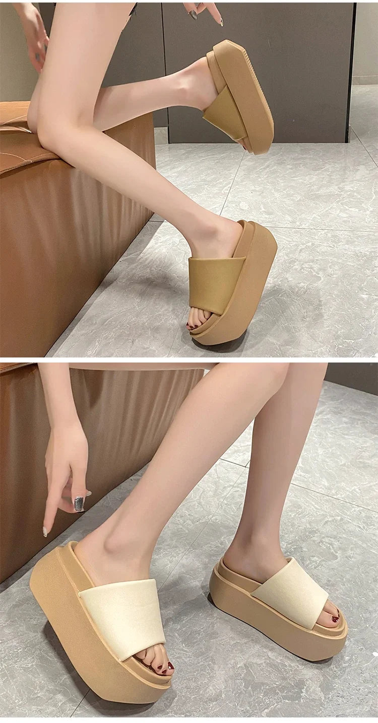 Summer Women Slippers Ladies Beach Flip-Flops Chunky Leather Shoes Wedges Heels Outside Sandals Woman High Platform Slippers 8CM