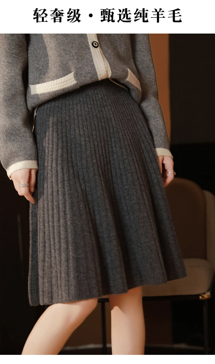 Elegant Women 100% Wool Knitted Skirt Korean Fashion Solid Casual A Line Ladies Pleated Short Skirt Spring Chic High Waist Skirt