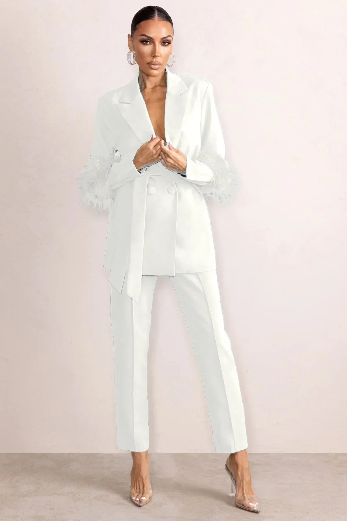 Elegant Women 2 Piece Set Solid Notched Neck Blazer Zipper Long Pants Feather Upright Coat Ladies Suit Fall Winter Office Wear