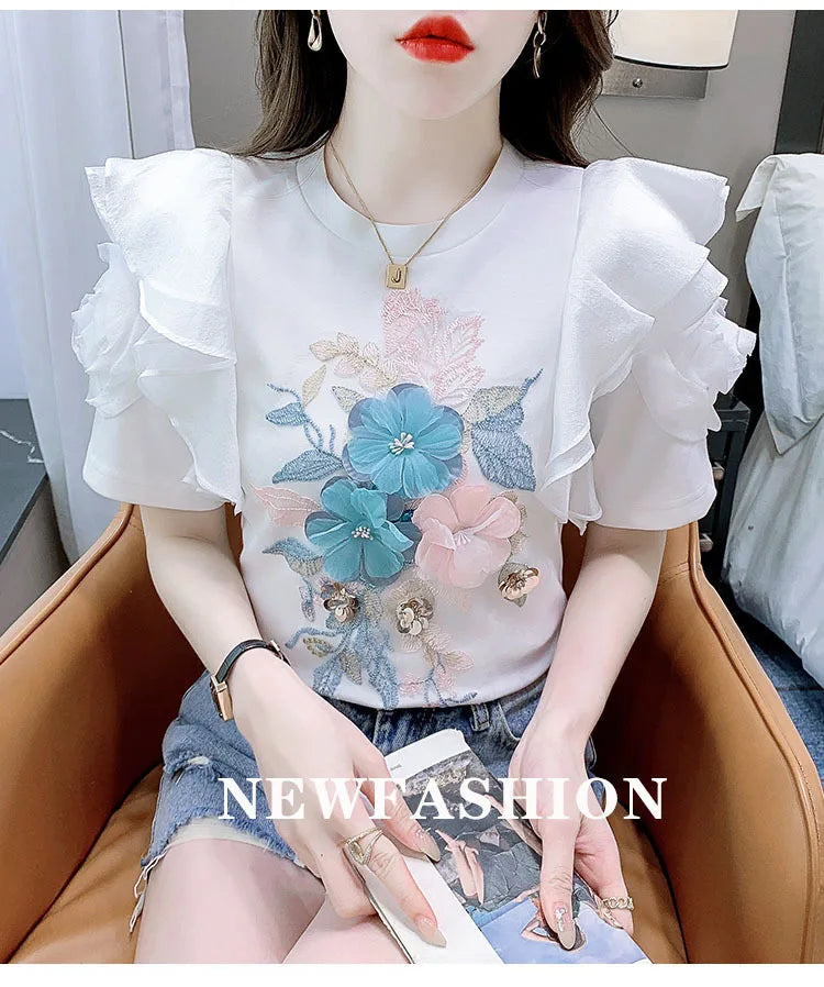 Ruffled White T-shirt Women's Short-Sleeved Floral Tshirt 2023 Summer New High-End Heavy Embroidery Flower Chic Top Tees