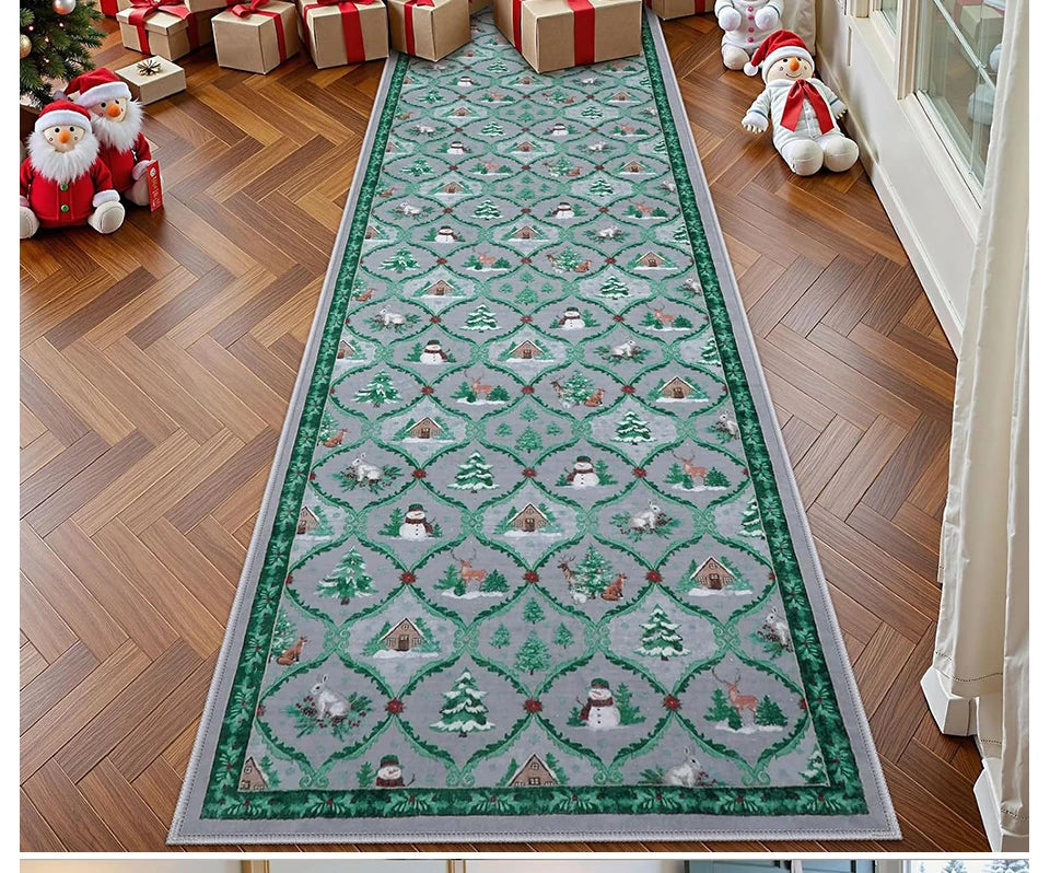 Runner Rug Corridor Non-slip Machine Washable Easy To Fold Floor Mat Green Plaid Snowman Rugs Christmas Gift Home Decoration Mat