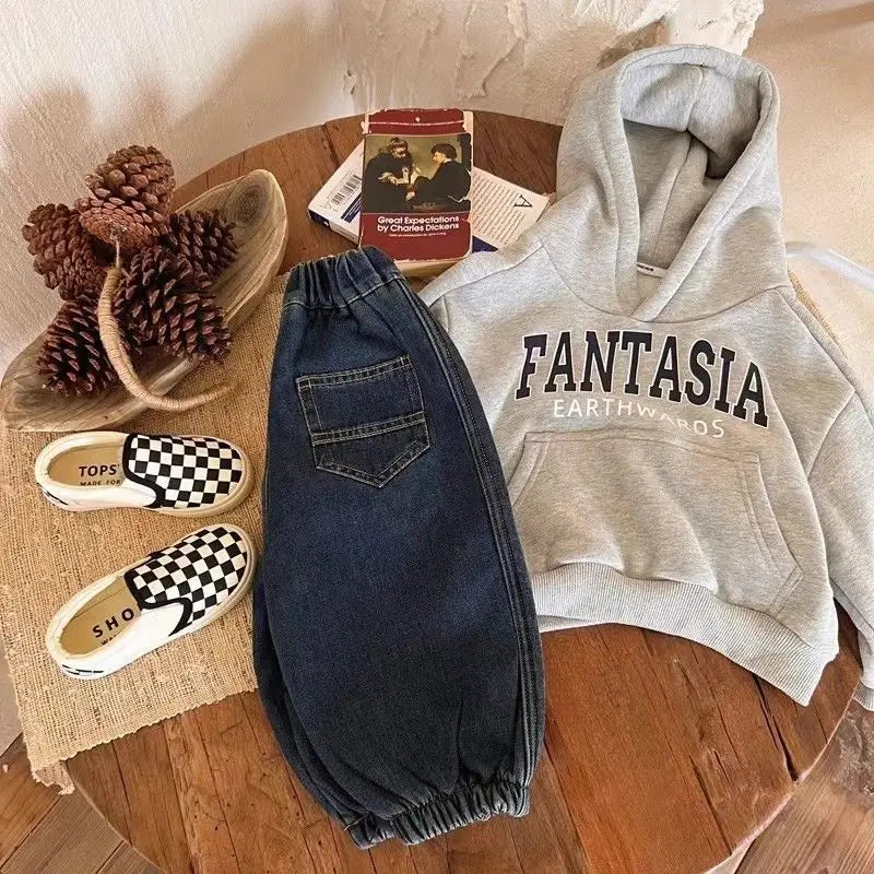 Jeans For 1-8Y Boys Autumn Winter Solid Spliced Cotton Kids Boys Trousers Fashion Velvet Thicken Children Boys Warm Jogger Pants