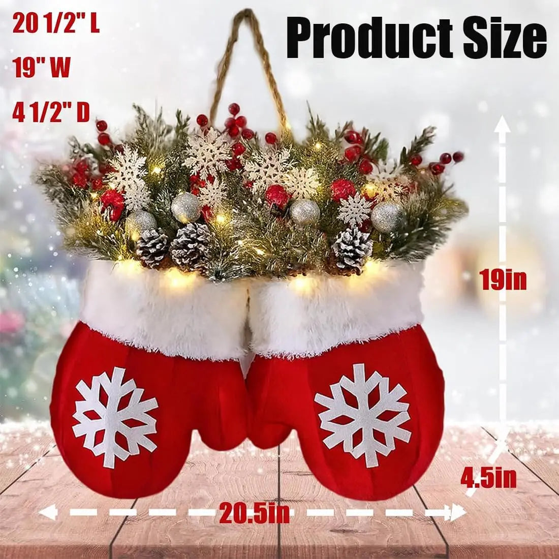 1 Stück funkelnder Weihnachts-Fäustlingskranz, Weihnachtsbeleuchtung, Werath, Haustür, künstliche Girlande für Party-Wanddekoration